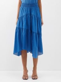 FRAME Asymmetric shirred cotton midi skirt – women’s tiered cobalt blue summer skirts – asymmetric hem – asymmetrical hemline