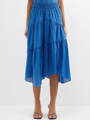 FRAME Asymmetric shirred cotton midi skirt – women’s tiered cobalt blue summer skirts – asymmetric hem – asymmetrical hemline - flipped