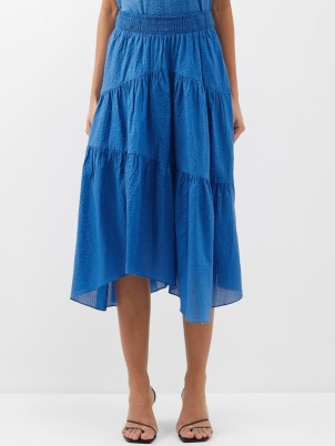 FRAME Asymmetric shirred cotton midi skirt – women’s tiered cobalt blue summer skirts – asymmetric hem – asymmetrical hemline