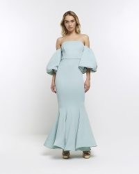 RIVER ISLAND BLUE BARDOT PUFF SLEEVE SHIFT MAXI DRESS ~ off the shoulder prom dresses ~ women’s on-trend party fashion