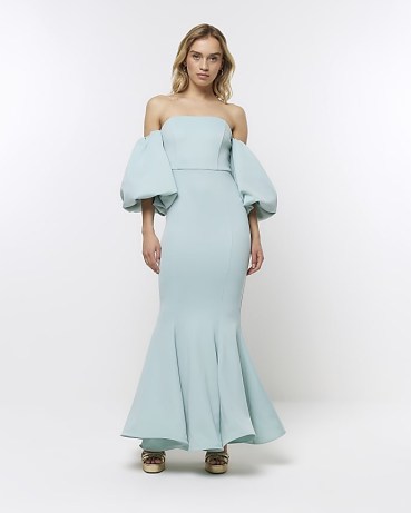 RIVER ISLAND BLUE BARDOT PUFF SLEEVE SHIFT MAXI DRESS ~ off the shoulder prom dresses ~ women’s on-trend party fashion - flipped