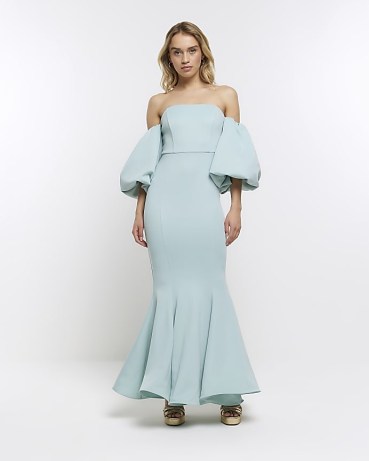 RIVER ISLAND BLUE BARDOT PUFF SLEEVE SHIFT MAXI DRESS ~ off the shoulder prom dresses ~ women’s on-trend party fashion