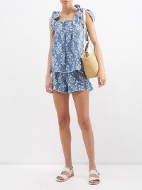 JULIET DUNN Flower block-print cotton-blend shorts – women’s blue and white floral short co-ord – womens summer clothing sets