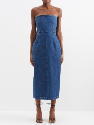 RAEY Organic cotton-blend denim bandeau dress indigo blue – strapless fitted waist pencil dresses - flipped