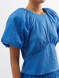 FRAME Puff-sleeve cotton-seersucker top – women’s sky blue puffed sleeved tops