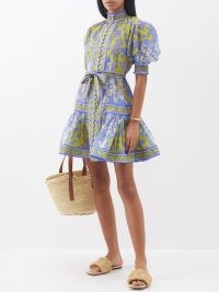 ZIMMERMANN Raie Lantern floral-print ramie mini dress in blue and green / puff sleeve high neck fit and flare dresses / feminine summer fashion / luxury clothing / luxe bohemian clothes / tie waist