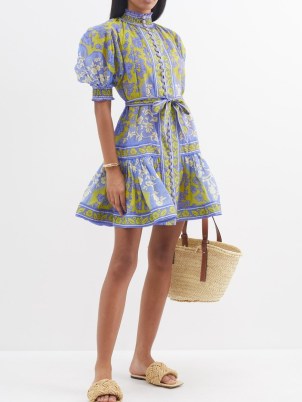 ZIMMERMANN Raie Lantern floral-print ramie mini dress in blue and green / puff sleeve high neck fit and flare dresses / feminine summer fashion / boho luxury clothing / luxe bohemian clothes / tie waist - flipped