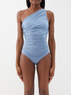 MAYGEL CORONEL Yeimis one-shoulder swimsuit in blue / ruched swimsuits / asymmetric swimwear