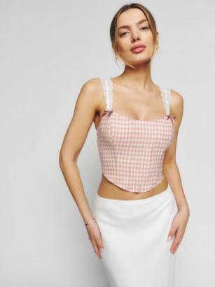 Reformation Brigitta Linen Top in Blush Check | curved hem bustier tops | lace shoulder straps | fitted fashion | pink and white check print bustiers | feminine clothes - flipped