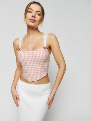 Reformation Brigitta Linen Top in Blush Check | curved hem bustier tops | lace shoulder straps | fitted fashion | pink and white check print bustiers | feminine clothes