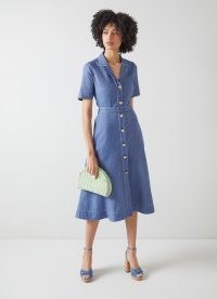 L.K. BENNETT Britt Denim Blue Linen-Cotton Shirt Dress / women’s short sleeve belted dresses / womens smart summer clothing / warm weather day clothes