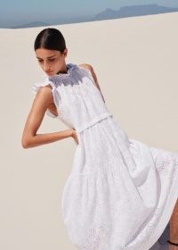 ME and EM Broderie Halterneck Midi Dress + Slip in Soft White / women’s sleeveless frill trimmed dresses / floral summer clothes / feminine fashion / ruffle trim clothing