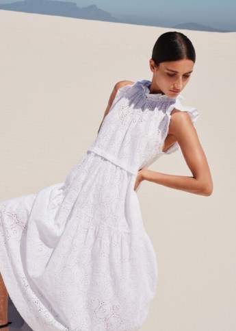ME and EM Broderie Halterneck Midi Dress + Slip in Soft White / women’s sleeveless frill trimmed dresses / floral summer clothes / feminine fashion / ruffle trim clothing - flipped