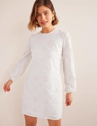 BODEN Broderie Mini Shift Dress in White – women’s long sleeve cotton dresses – womens cut out detail clothing