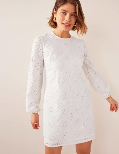 BODEN Broderie Mini Shift Dress in White – women’s long sleeve cotton dresses – womens cut out detail clothing - flipped