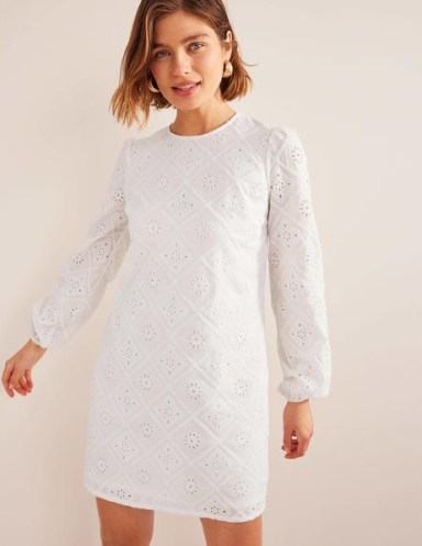 BODEN Broderie Mini Shift Dress in White – women’s long sleeve cotton dresses – womens cut out detail clothing