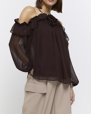 BROWN CHIFFON CORSAGE DETAIL BLOUSE – semi sheer off the shoulder blouses – floral detail bardot tops - flipped
