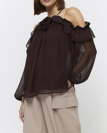 BROWN CHIFFON CORSAGE DETAIL BLOUSE – semi sheer off the shoulder blouses – floral detail bardot tops