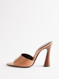 SAINT LAURENT Suite 105 brown leather mules ~ flared heel mule sandals ~ camel coloured open toe sandal ~ women’s luxury designer high heels