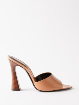 SAINT LAURENT Suite 105 brown leather mules ~ flared heel mule sandals ~ camel coloured open toe sandal ~ women’s luxury designer high heels - flipped