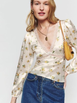 Reformation Caitlin Silk Top in Nicola | silky long sleeve plunge front tops | vintage style floral blouse | retro clothing | feminine lace insert blouses - flipped