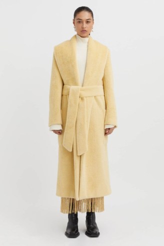 CAMILLA AND MARC Caspian Oversized Coat in Butter Yellow – luxury faux fur longline coats – luxe fluffy textured outerwear – tie waist - flipped