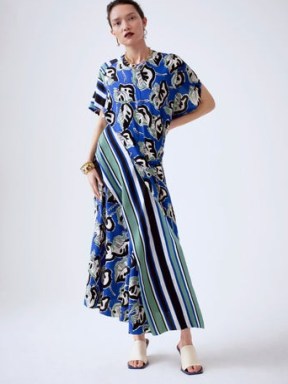 JIGSAW Collagerie Stripe Drape Dress in Blue – asymmetric mixed print dresses – women’s draped detail clothing – womens clothes with multi prints - flipped