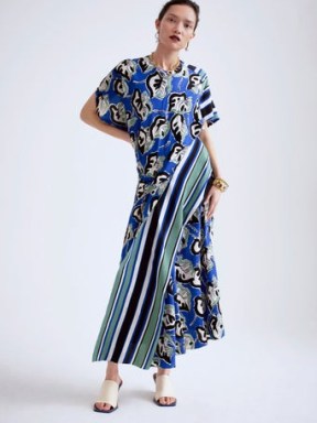 JIGSAW Collagerie Stripe Drape Dress in Blue – asymmetric mixed print dresses – women’s draped detail clothing – womens clothes with multi prints