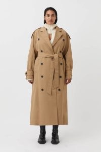 CAMILLA AND MARC Collins Oversized Tailored Trench Coat in Camel Beige | women’s military inspired outerwear | shoulder epaulets | womens longline belted tie waist coats
