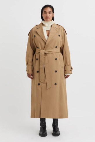 CAMILLA AND MARC Collins Oversized Tailored Trench Coat in Camel Beige | women’s military inspired outerwear | shoulder epaulets | womens longline belted tie waist coats - flipped