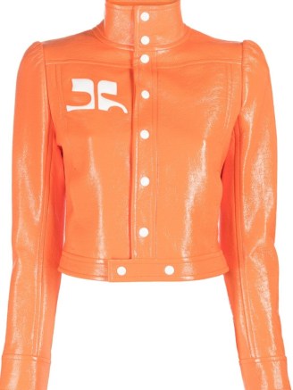 Courrèges vinyl-effect cropped jacket in tangerine orange – women’s shiny patent crop hem jackets – vintage style designer clothes - flipped