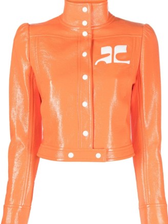 Courrèges vinyl-effect cropped jacket in tangerine orange – women’s shiny patent crop hem jackets – vintage style designer clothes