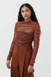 CAMILLA AND MARC Cove Sheer Gathered Long Sleeve Top in Walnut Brown – designer see through tops – luxury ruched fashion