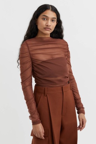 CAMILLA AND MARC Cove Sheer Gathered Long Sleeve Top in Walnut Brown – designer see through tops – luxury ruched fashion - flipped