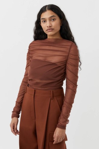 CAMILLA AND MARC Cove Sheer Gathered Long Sleeve Top in Walnut Brown – designer see through tops – luxury ruched fashion