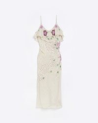 RIVER ISLAND CREAM EMBELLISHED SLIP FLORAL MAXI DRESS ~ sequinned cami shoulder strap dresses ~ women’s party clothes ~ strappy going out evening fashion ~ frill detail occasion clothing