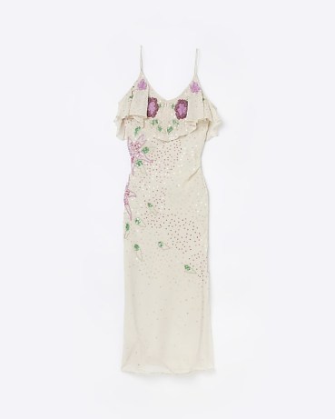 RIVER ISLAND CREAM EMBELLISHED SLIP FLORAL MAXI DRESS ~ sequinned cami shoulder strap dresses ~ women’s party clothes ~ strappy going out evening fashion ~ frill detail occasion clothing - flipped
