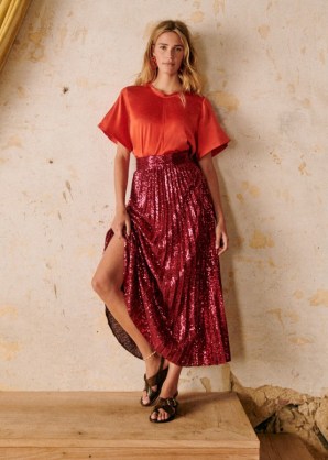 SÉZANE DILO SKIRT in Fuchsia Sequins | dark pink long length sequinned skirts | pleated clothes