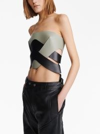 Dion Lee Arrow Lock leather bustier black/sage green – cut out bustiers – strapless colour block fitted tops – edgy style bandeau top – cropped fashion – crop hem clothes