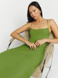Reformation Dover Dress in Saguaro – green strappy midi dresses – luxe skinny shoulder strap fashion – crisscross cut out back detail