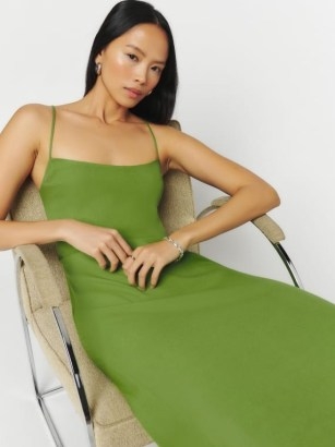 Reformation Dover Dress in Saguaro – green strappy midi dresses – luxe skinny shoulder strap fashion – crisscross cut out back detail - flipped