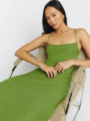 Reformation Dover Dress in Saguaro – green strappy midi dresses – luxe skinny shoulder strap fashion – crisscross cut out back detail