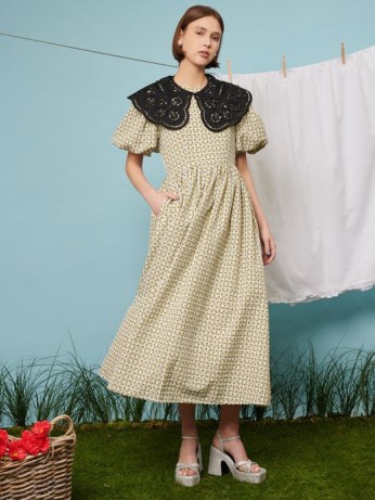 sister jane WEEKEND AT NANS Evelyn Gingham Midi Dress in Green ~ mixed floral and check print puff sleeve dresses ~ checked summer fashion ~ women’s vintage style clothes ~ oversized detachable contrast collar - flipped