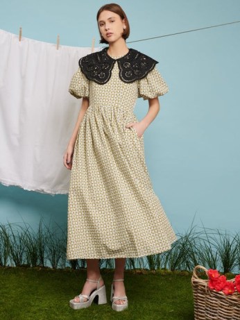 sister jane WEEKEND AT NANS Evelyn Gingham Midi Dress in Green ~ mixed floral and check print puff sleeve dresses ~ checked summer fashion ~ women’s vintage style clothes ~ oversized detachable contrast collar