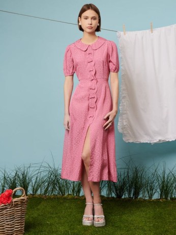 sister jane WEEKEND AT NANS Belle Blush Bow Midi Dress Raspberry Pink ~ vintage style dresses ~ women’s retro look clothing ~ bow details ~ heart jacquard detail - flipped