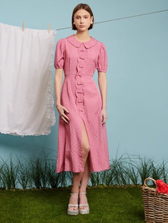 sister jane WEEKEND AT NANS Belle Blush Bow Midi Dress Raspberry Pink ~ vintage style dresses ~ women’s retro look clothing ~ bow details ~ heart jacquard detail