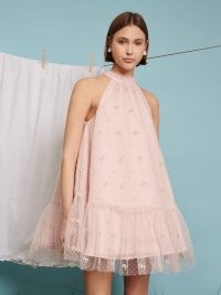 sister jane Twirl Embroidered Halter Neck Dress Baby Pink ~ women;s halterneck party dresses ~ voluminous oversized occasion fashion ~ feminine tulle overlay clothing ~ WEEKEND AT NANS collection
