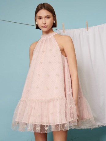 sister jane Twirl Embroidered Halter Neck Dress Baby Pink ~ women;s halterneck party dresses ~ voluminous oversized occasion fashion ~ feminine tulle overlay clothing ~ WEEKEND AT NANS collection - flipped