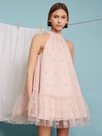 sister jane Twirl Embroidered Halter Neck Dress Baby Pink ~ women;s halterneck party dresses ~ voluminous oversized occasion fashion ~ feminine tulle overlay clothing ~ WEEKEND AT NANS collection