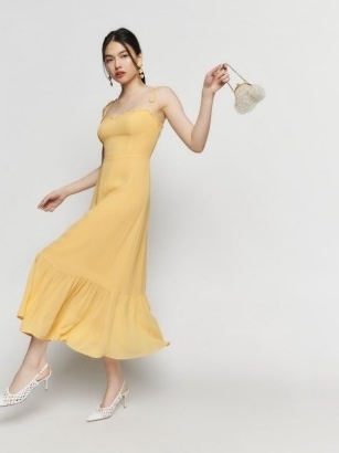 Reformation Enya Dress in Sunshine – yellow strappy sweetheart neckline midi dresses – tie shoulder strap fashion – tiered hem – luxe occasion fashion – summer event clothing – women’s wedding guest clothes - flipped